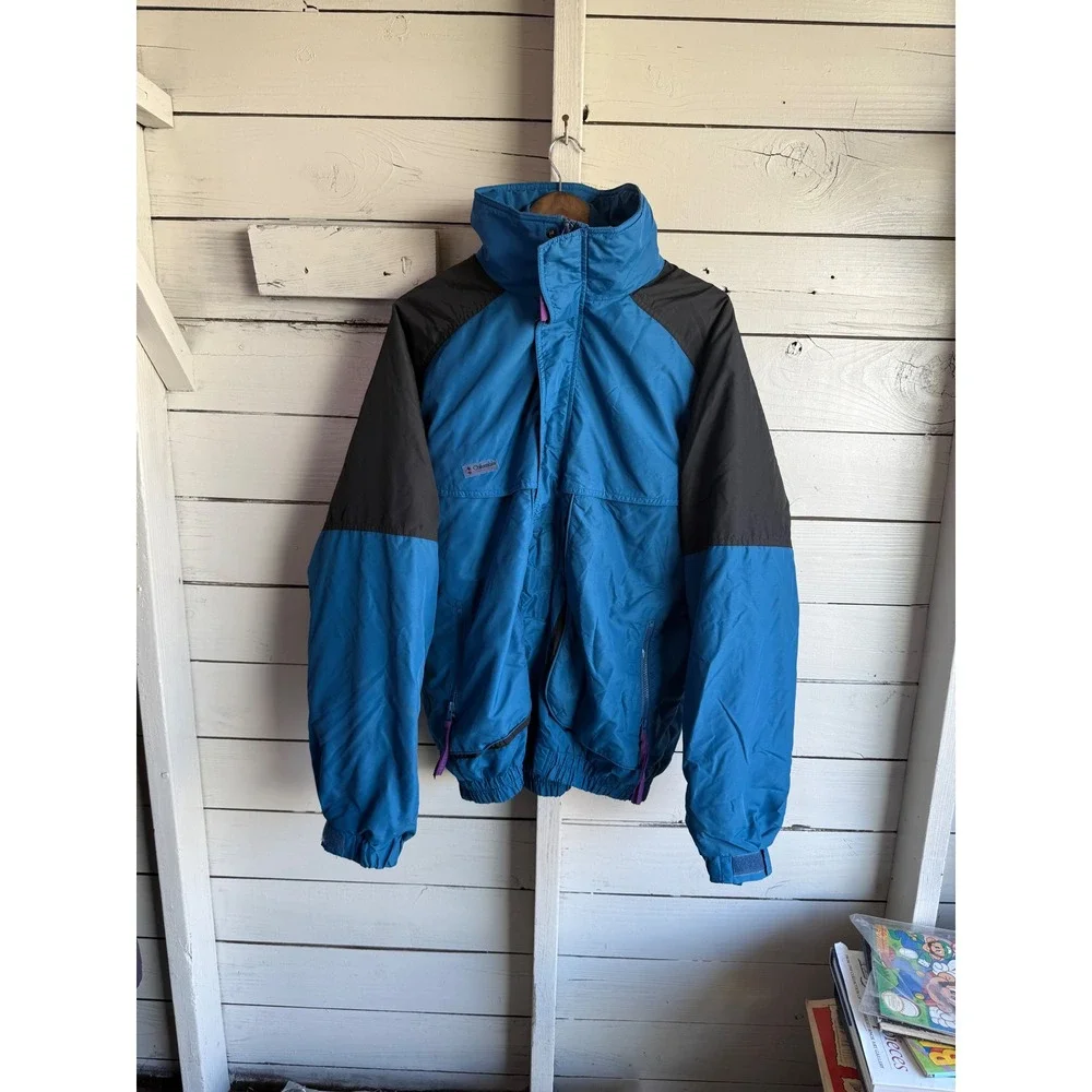 Columbia Powder Keg Vintage Ski Jacket Mens Large Tall Blue Black Radial Sleeve